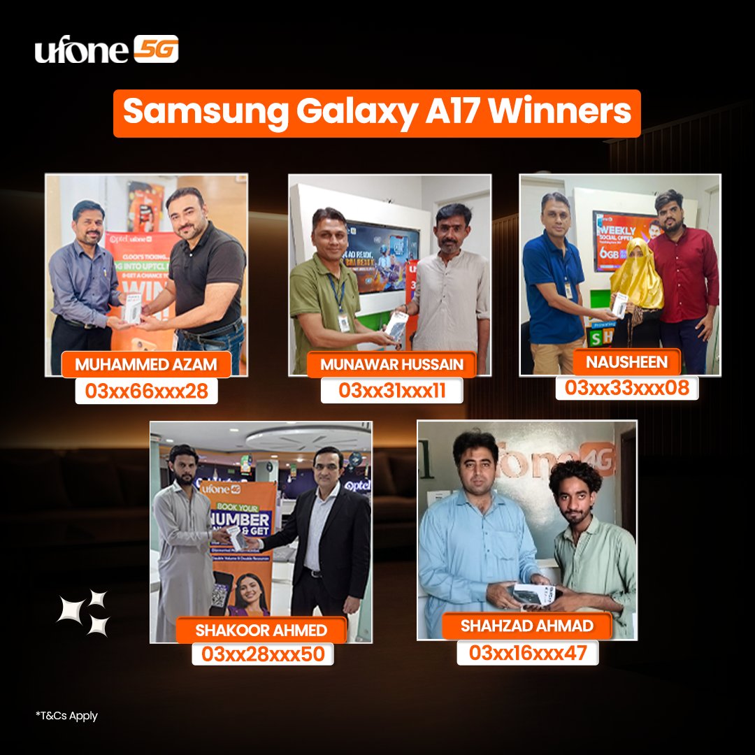 Ufone's tweet photo. New SIM, new rewards! Congratulations to all the lucky winners who bought a Ufone SIM and won a brand-new Samsung Galaxy A17.

#Ufone5G #NewSIM #GalaxyA17 #Congratulations #WinnerAnnouncement https://t.co/xXB57xtTNl