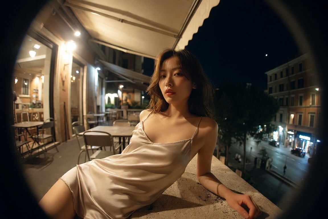 VIBEQUIRKLABS's tweet photo. Prompt :
A stunning mid-20s Japanese or Korean woman. wearing a silk camisole, posing with reclined pose supported by one arm, lifted upper body, natural relaxed asymmetry, in Rome cafe terrace edge, outdoor chairs, under urban night ambience with overhead top light on the subject, captured as an editorial film still with Inspired by Ellen von Unwerth, playful editorial image language, fisheye distortion, high-dynamic-range digital rendering, transparent shadows.