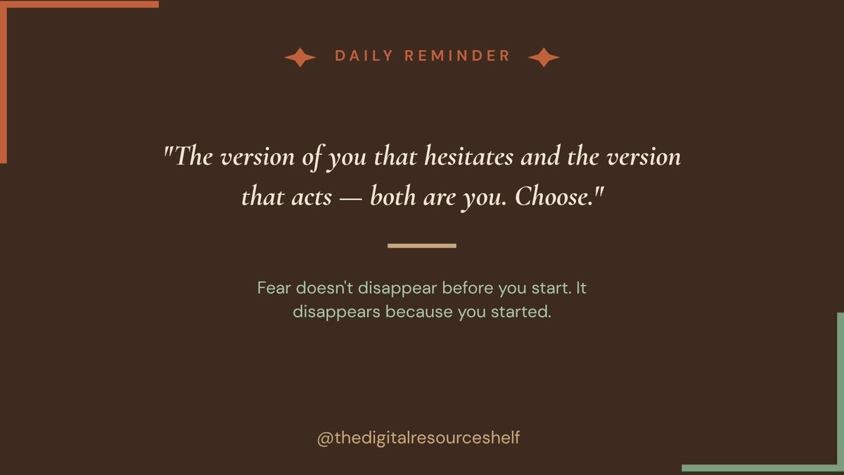 _digitalshelf's tweet photo. Fear doesn't disappear before you start.

It disappears BECAUSE you started. 🚦

Start scared. Start messy. Just start.

#mindset #entrepreneur #juststart #overcomefear https://t.co/jCrlQP3K6i