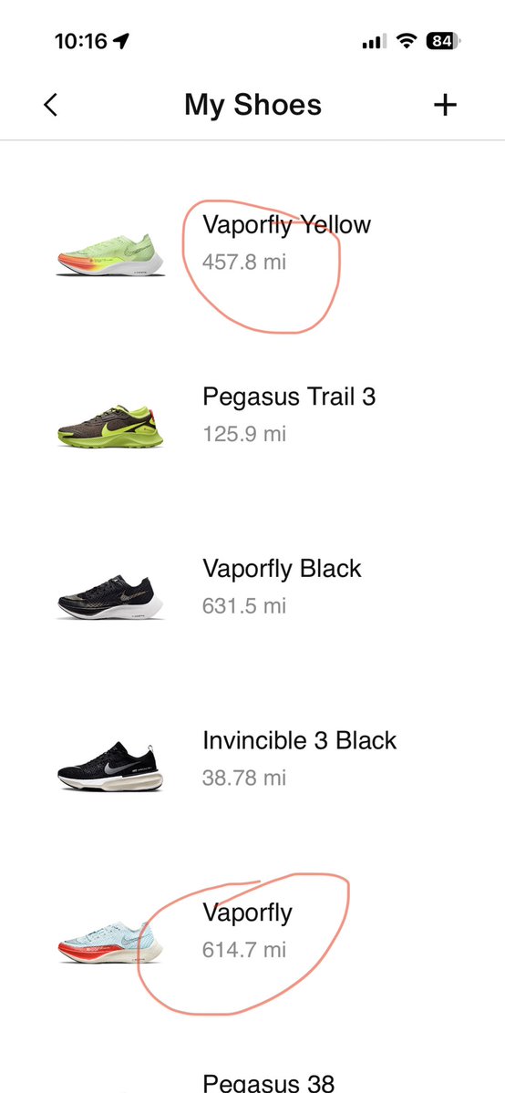 mikepoly's tweet photo. @DavidDack A truth it took me years to learn. I have a bad habit of putting way too many miles on VaporFlys. Which should not be a training shoe, anyways. 457, 593 and 614 miles on three old pairs. https://t.co/0rtVr5OasB