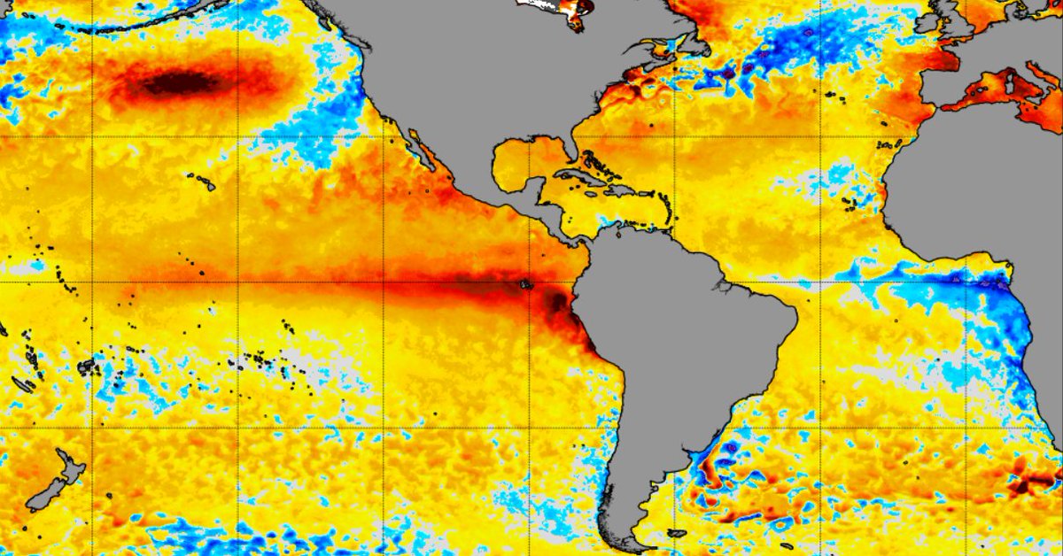 MatheusWR's tweet photo. Polar opposites: a Super El Niño forming in the Pacific, and a rather strong ''Atlantic Niña'' forming in Africa's West coast. https://t.co/J6m6biYhTw