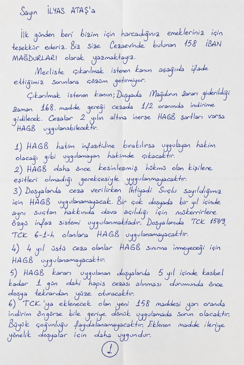 ErcetinSefa's tweet photo. Cezaevinden gelen bir mektup…

Bu mektup, TCK 158 kapsamında tutuklu/hükümlü bulunan bir vatandaşın kaleminden yazıldı. Mektupta, hazırlanan düzenlemeye ilişkin değerlendirmeler, uygulamada yaşanabilecek sorunlar ve çözüm önerileri yer alıyor.

Amacımız kimseyi hedef göstermek değil; yaşanan mağduriyetlerin hukuki zeminde, adil ve kalıcı çözümlerle giderilmesine katkı sunmaktır.

Cezaevindeki insanların sesi de duyulmalı. Farklı görüşler olabilir ancak her önerinin dikkate alınması, daha sağlıklı bir düzenleme yapılmasına katkı sağlayacaktır.

Takdiri kamuoyunun ve yetkililerin vicdanına bırakıyorum.

#TCK158ZararıÖdenenDosyalarKapatılsın #TCK142_2e_YargıPaketineDahilEdilsin #TCK245YargıPaketineDahilEdilsin

@cuneytyuksel_ @AvOrhanKIRCALI @Emine_Gozgec16 @avoguzhankaya @_hakanolgun @avidrissahin @AliyeCosar @avsbulbul @avomerozmen @av_nurettinalan @avsengulk @ttaskinozer @avSelmanEser @chpatakanunver @huluay @Avkthalilozturk @bulenttufenkci @gizemozcanchp @CumhurUzun48 @dilankuntayan @newroz_uysal @AvMustafaArslan @fahrettintgrl64 @zulkuf__ucar @saffetbozkurt67 @inanakgunalp @abakingurlek @AbdullhAydgdu @avsedatayyldz @Hayati_Yazici @ceyhanburakab @TCCBHPK @hasandogan @orhankrkrt @mehmetucum @Cemduranuzun @Hakan_cavusoglu @mkoca66 @MSErdinc @salihcora @TalatCANBOLAT @yucelacer @avabdullahguler @abdulhamitgul @mahirkilicc @TBMMresmi @Akparti