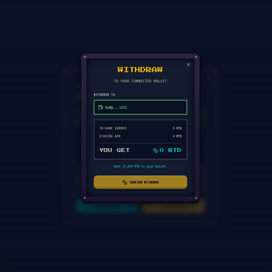 RetroDogeSol's tweet photo. You can easily withdraw your earned coins at: https://t.co/Qg7KyCsoXR

Create your in game account at: https://t.co/X3IMjvuntM then use the same username and password to log in to the portal. 
Connect your Phantom Wallet, and claim your earned on chain $RTD rewards instantly. https://t.co/RBzCFNRqKi