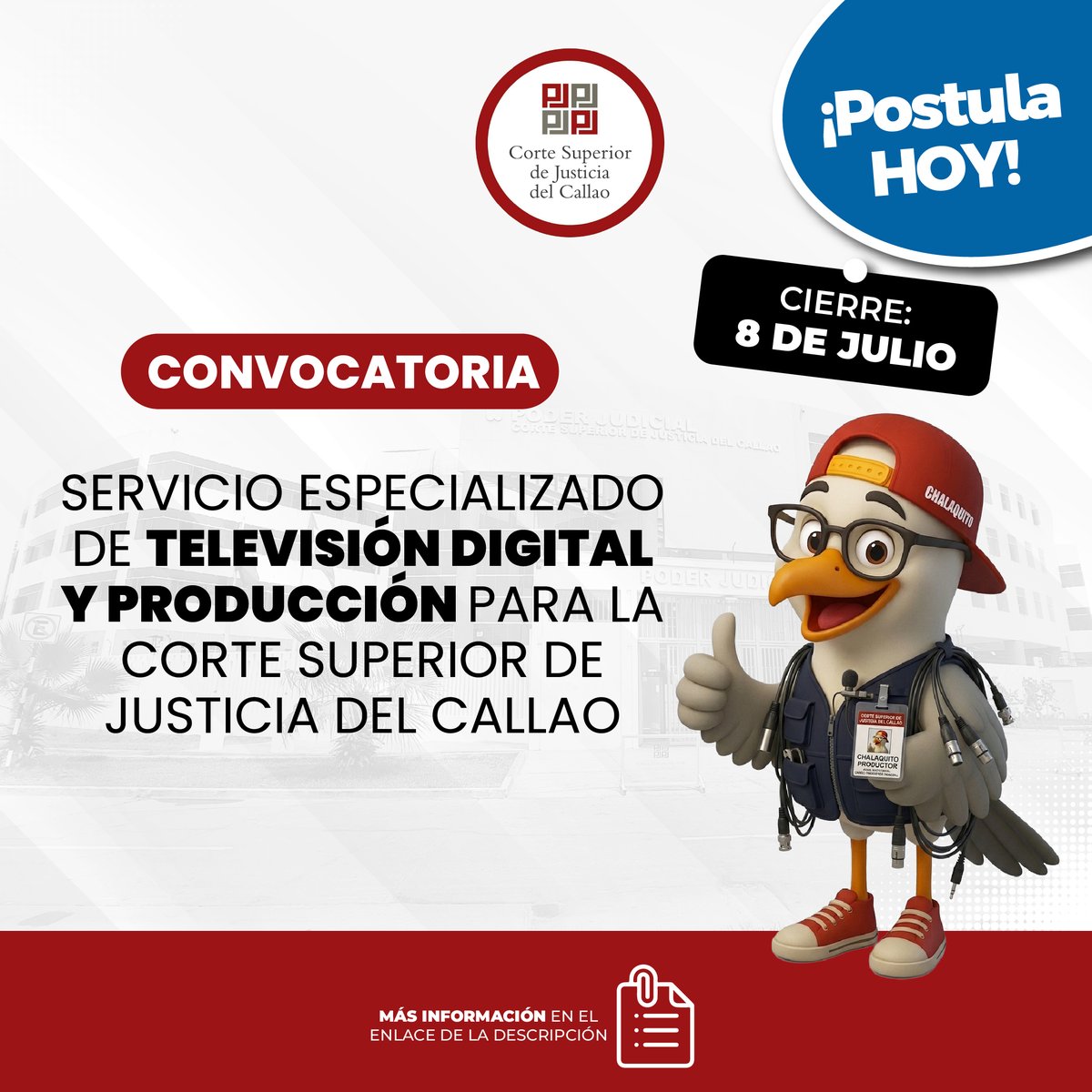 CortedelCallao's tweet photo. 📣Convocatoria de #Servicio #Transparencia #ProductorAudiovisual
SERVICIO ESPECIALIZADO DE TELEVISIÓN DIGITAL Y PRODUCCIÓN PARA LA CORTE SUPERIOR DE JUSTICIA DEL CALLAO 🙋♂️🙋
▶ Para realizar el registro de su propuesta económica pulse el siguiente enlace:
https://t.co/gIUcHohh1E https://t.co/mNB3sblLkM