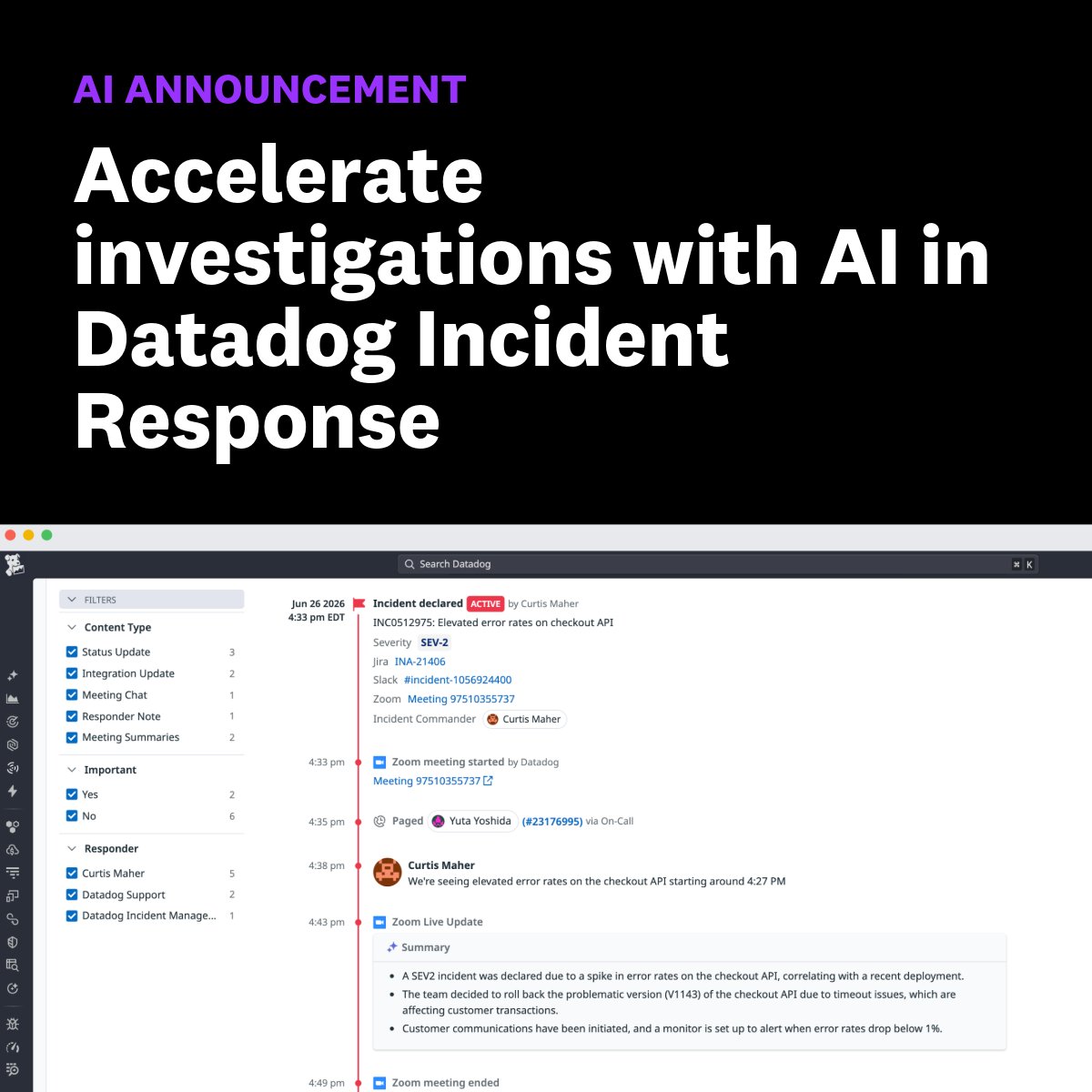 datadoghq's tweet photo. Every minute spent gathering context slows incident resolution.

New AI capabilities in Datadog Incident Response help responders diagnose root causes faster, get up to speed quickly, and automatically document bridge discussions.

Learn more: https://t.co/e5xtuyTrUD https://t.co/pWZgAHzWMv