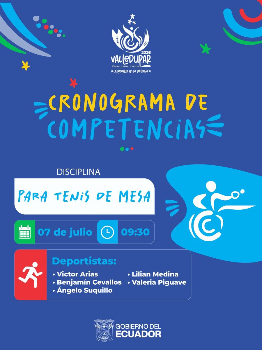 DeporteEc's tweet photo. Las actividades en los Juegos @Parasura2026 de Valledupar, continúan hoy. 🇪🇨

Mucha suerte a nuestros atletas de Para Tenis de Mesa, quienes buscarán subirse al podio. 🏓 https://t.co/GhDUb111A9