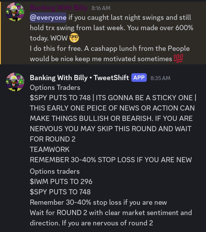 Options traders update for round 1
Your $SPY PUTS ARE NOW UP 180% 
Your $IWM PUTS ARE NOW YOU 250% 
REMEMBER 30-40% STOP LOSS IF YOU ARE NEW 
I ATTACHED MY EARL