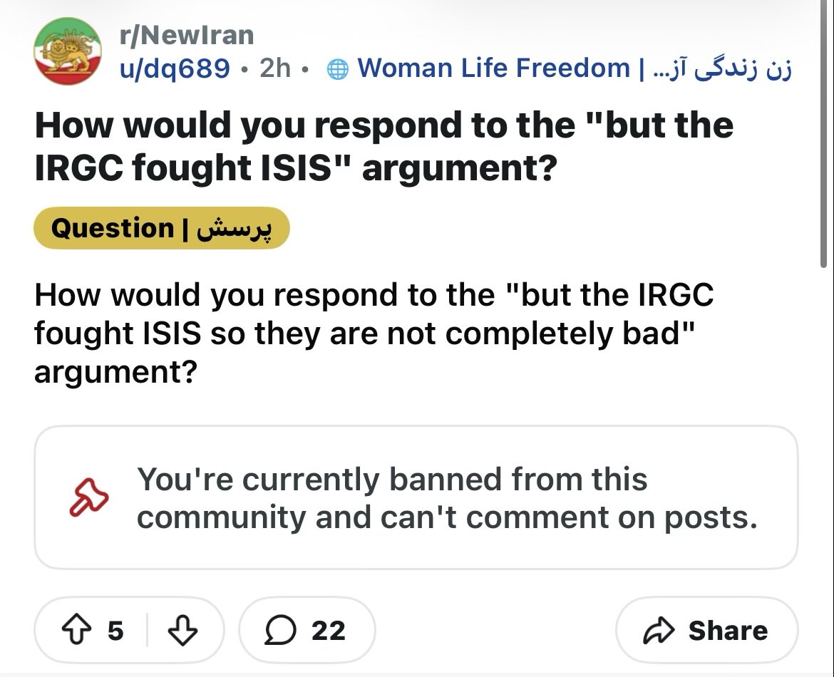 Safavism's tweet photo. r/NewIran is so stupid.

Here’s how you respond to that. It’s not an argument. It’s a historical fact. You don’t argue against it. You acknowledge that it’s true and that it’s a historical fact.

It’s the most idiotic subreddit ever. I’ve been banned four times now. https://t.co/EX3qXPrDqv