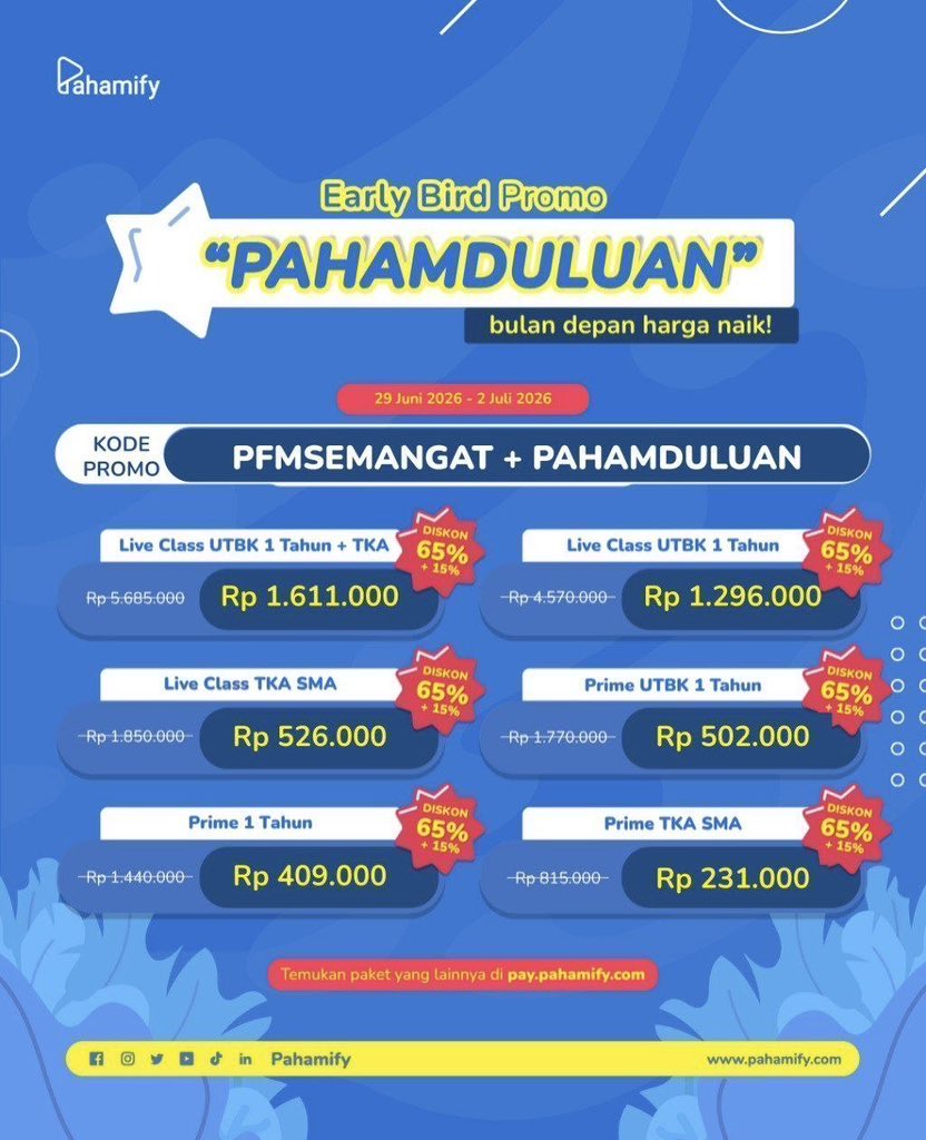 pfmsemangat's tweet photo. 🚨PROMO PAHAMIFY EARLY BIRD🚨

Yuk mantepin persiapan masuk PTN pake Mipy💙

📌Kode Diskon: PFMSEMANGAT 

[snbp snbt ui tryout utbk um simak ugm undip snpmb kkn unhan dokmil almet dipo utul simak les online mipi um ambistwt mandiri soal ambis almet lolos alumni ui itb 2027 maba] https://t.co/h1YoLwnaxN