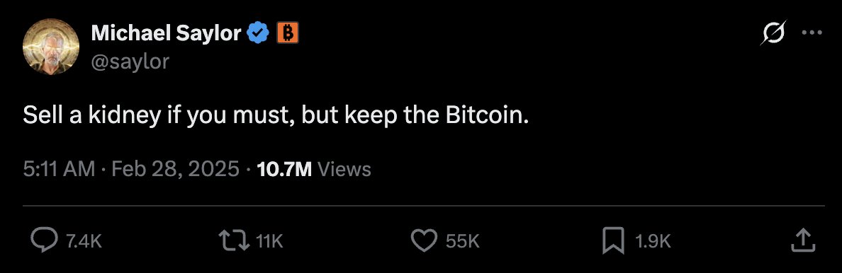 cryptorover's tweet photo. MICHAEL SAYLOR:

"Sell a kidney if you must, but keep the Bitcoin." https://t.co/jLt7rR7ZKh