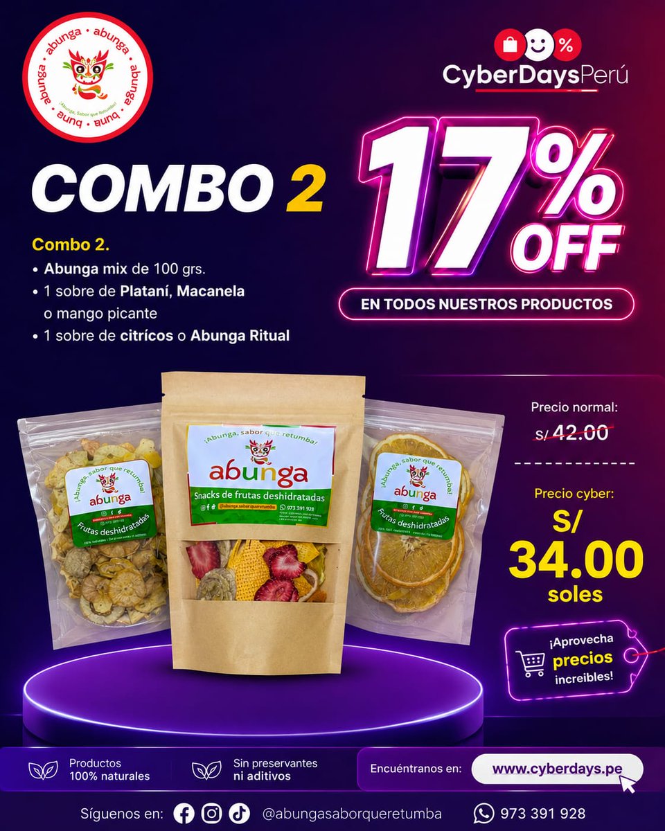CyberDaysPE's tweet photo. 𝘾𝙤𝙢𝙗𝙤 2
💚 ¡Cyber llegó a Abunga!

🥭 Disfruta nuestro Combo 2: Mix de frutas 100 g + 1 snack a escoger (Platani, Macanela o Mango con Rocoto) + 1 sobre de Cítricos o Infusión a elección.

💰 𝗔̶𝗻̶𝘁̶𝗲̶𝘀̶ 𝗦̶/ 𝟰𝟮 | Hoy S/ 34 🔥

⏰ ¡Solo por Cyber! https://t.co/L7yLBg8aQo