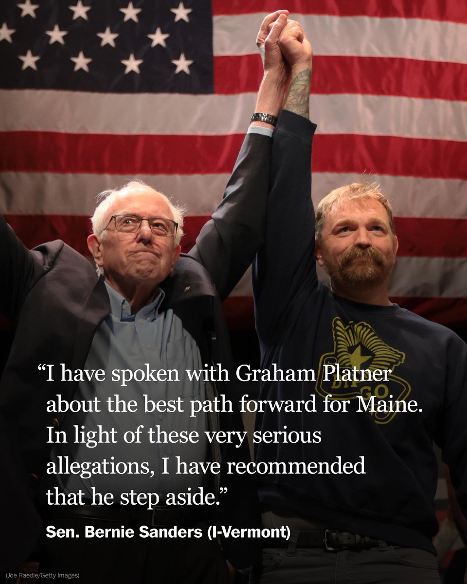 washingtonpost's tweet photo. Breaking news: Sen. Bernie Sanders, a key backer of Graham Platner’s Senate campaign in Maine, said Platner should step aside following an accusation of sexual assault. https://t.co/hcZ7xkZoc9 https://t.co/HYjqJ6Tn6n