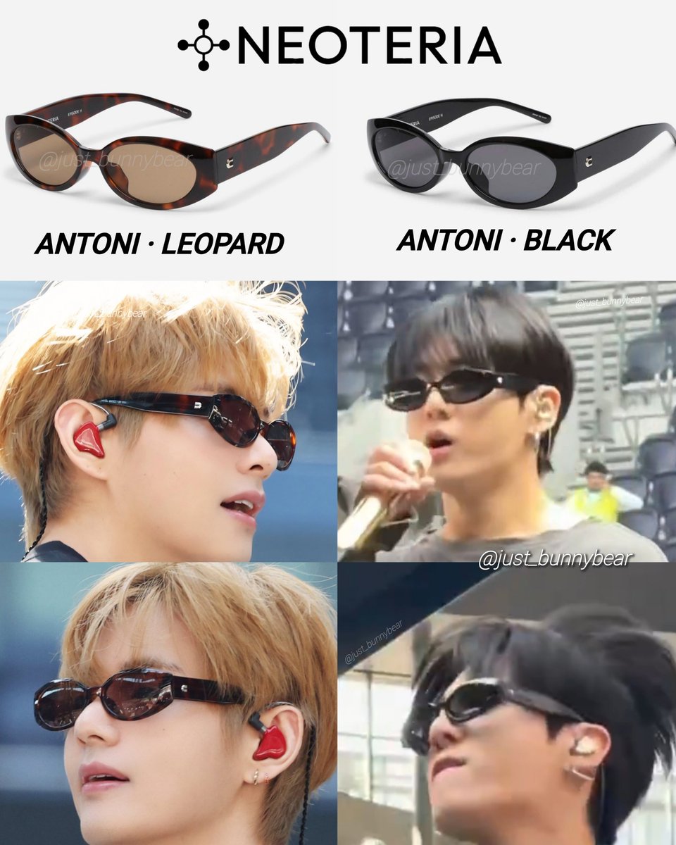 just_bunnybear's tweet photo. Taehyung &amp; Jungkook are wearing Neoteria's Antoni Sunglasses in Leopard &amp; Black respectively🐆🖤 for London SC Day-2. A Korean eyewear brand. Tae's is warm brown frame with light brown/yellowish lenses &amp; Koo's is glossy black. They look so good on Taekook✨ Wanna guess my fav?🤭 https://t.co/IGRcPQWFj2