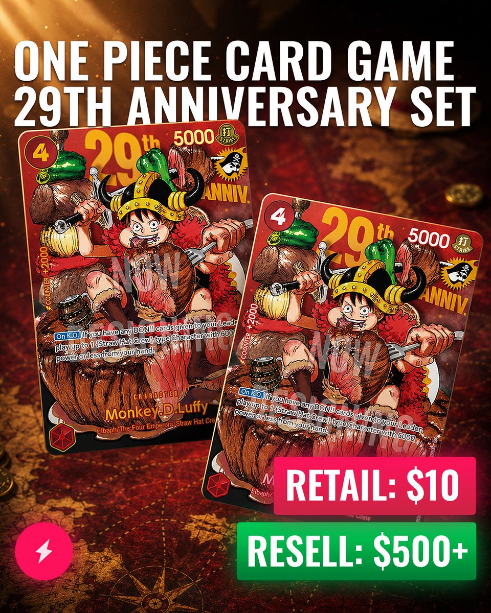 AMNotify's tweet photo. This $10 One Piece preorder is selling for $500+ on eBay right now 👀

Premium Card Collection 29th Anniversary Edition preorders opened for 2 days, but stock sold out in 2 minutes.

Doesn't ship until March 2027, yet sellers are already asking hundreds today.

$10 well spent 🏴‍☠️📈