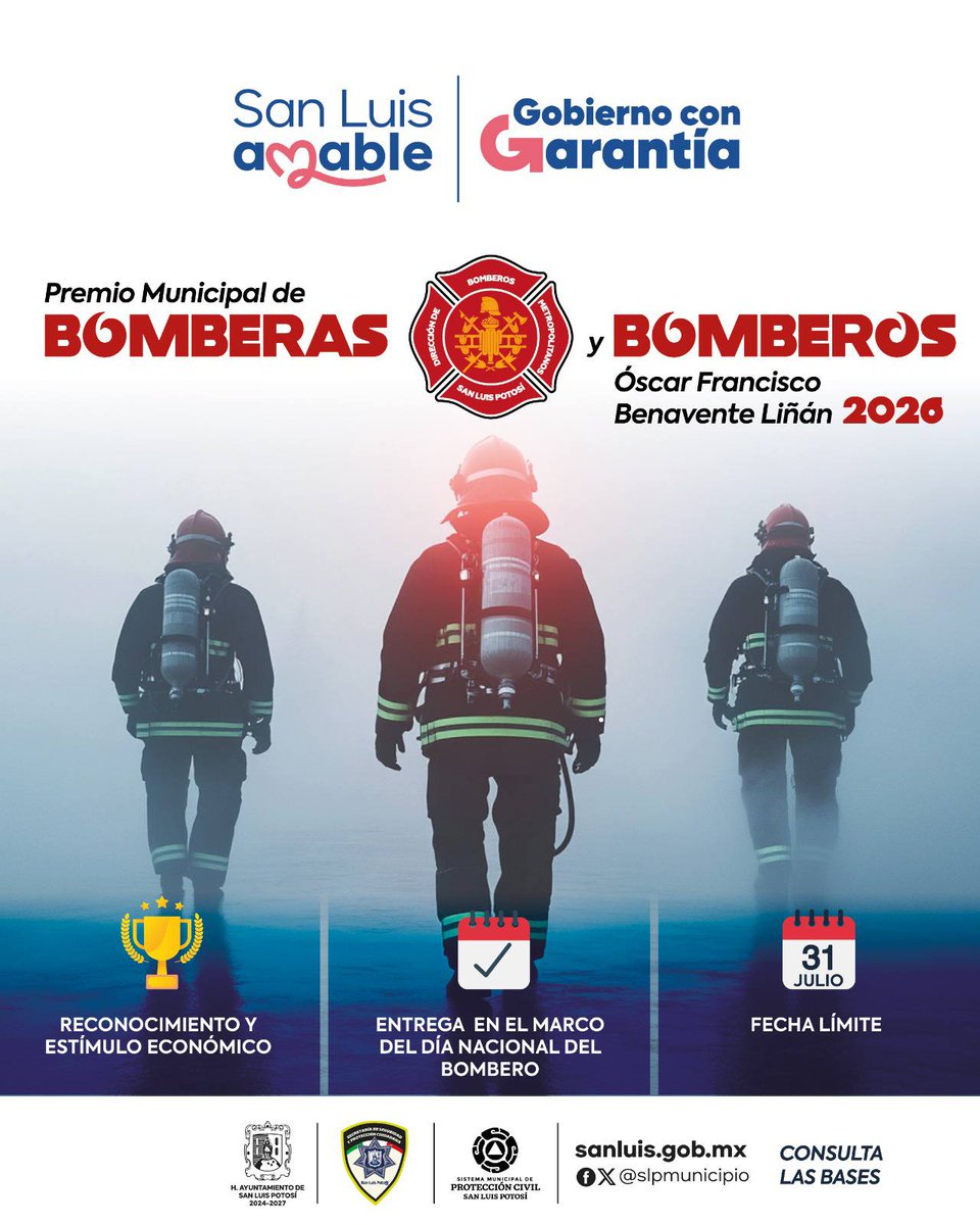 SLPMunicipio's tweet photo. 🚒✨ Reconozcamos a quienes hacen del servicio y el valor su vocación.

Participa en la Convocatoria del Premio Municipal de Bomberas y Bomberos "Óscar Francisco Benavente Liñán" 2026 y postula a quienes destacan por su heroísmo y compromiso con la comunidad.

📅 Tienes hasta el 31 de julio de 2026 para enviar tu postulación.

Consulta las bases y sé parte de este reconocimiento.
https://t.co/sDZpKuFe7F