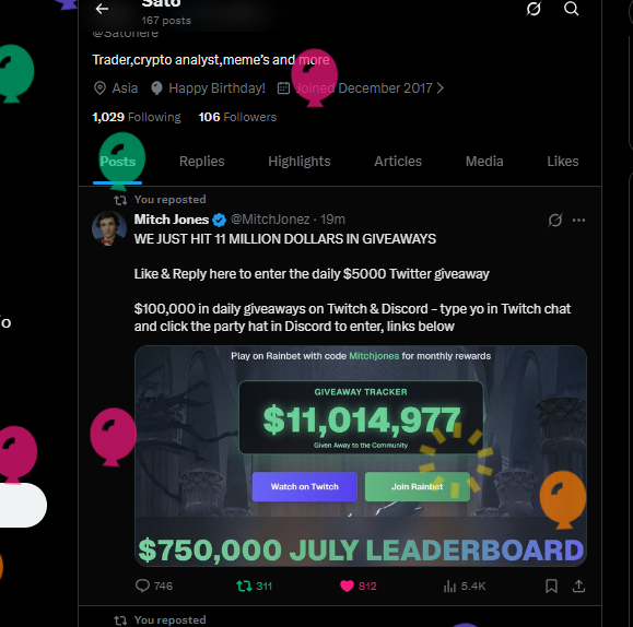 Satohere's tweet photo. @MitchJonez Insane achievement reaching $11M given away today, legend! Keep blessing the squad and turning dreams into reality, this is peak rizz. https://t.co/XHXBU2h4zc