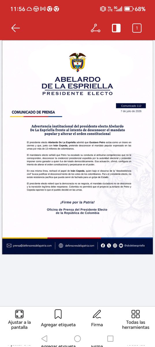 labatallacom's tweet photo. El presidente electo @ABDELAESPRIELLA teme que @petrogustavo esté fraguando un Golpe de Estado. Petro ha desconocido la elección y quiere imponer a su candidato @IvanCepedaCast quien, si bien es cierto, obtuvo cerca de 13 millones de votos, perdió en las urnas y debe aceptar https://t.co/60haFs4T0Q