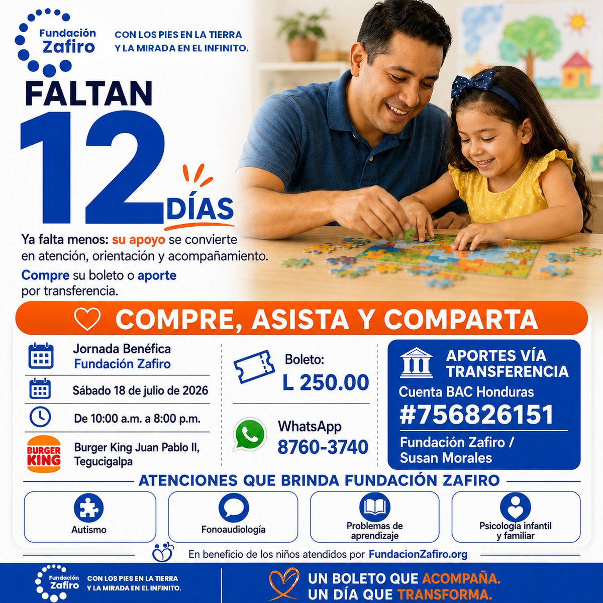 FundaZafiro's tweet photo. Faltan 12 días. Su apoyo se convierte en atención, orientación y acompañamiento para #niños y #familias. Compre su boleto de L 250.00, aporte o comparta. 18 de julio, Burger King Juan Pablo II, #Tegucigalpa.

#Autismo #Honduras #Fonoaudiologia #TEA https://t.co/JbhZxfpUIX