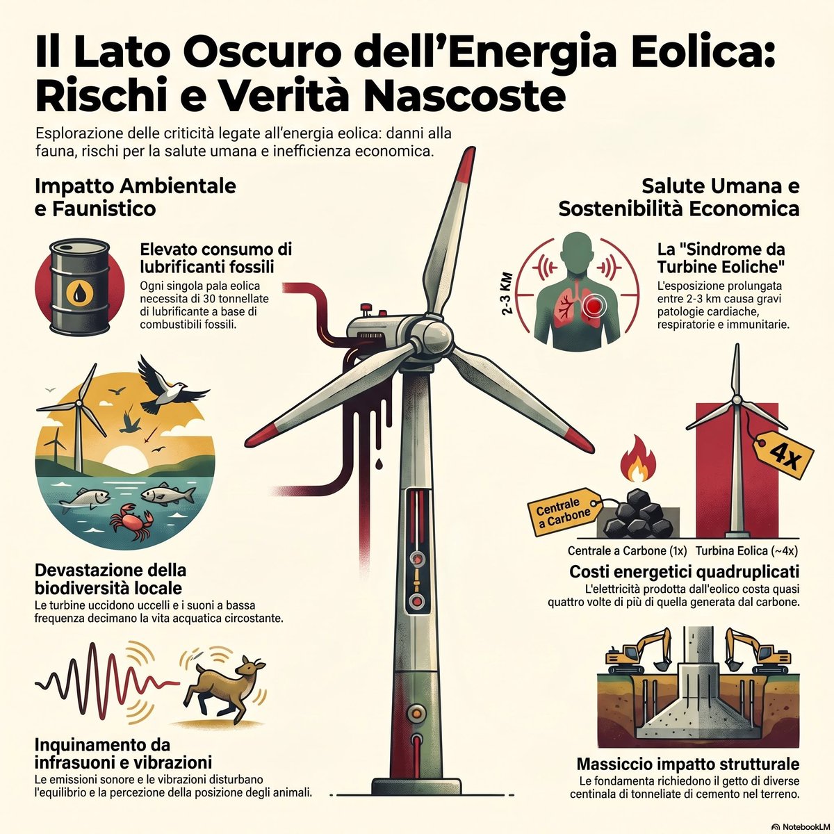 Erinni15's tweet photo. #Energiaeolica: le criticità
Ambiente: consuma 30 t di lubrificanti fossili per turbina, uccide uccelli e fauna acquatica, richiede enormi gettate di cemento.
Salute: entro 2–3km provoca gravi malattie (cuore, respiro, sistema immunitario).
Economia: costa 4 volte più del carbone https://t.co/upzmjN9Z5O