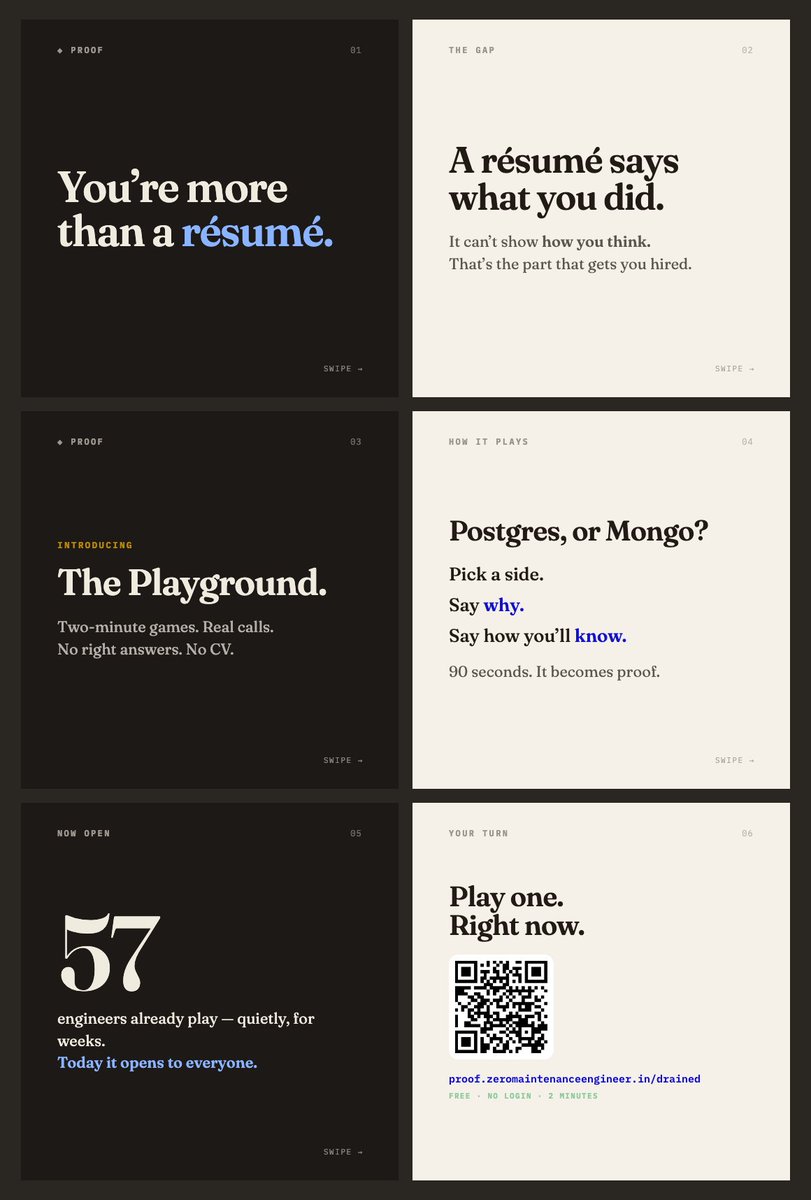 proofzme's tweet photo. You're more than your résumé.

A résumé shows what you did. It can't show how you think — the part that gets you read.

So we built a place that can: The Playground. 

2-min games, real calls, no right answers.

 Invite-only for weeks. 

57 already play. Today it's open to everyone 👇

https://t.co/h5o51HWV2j