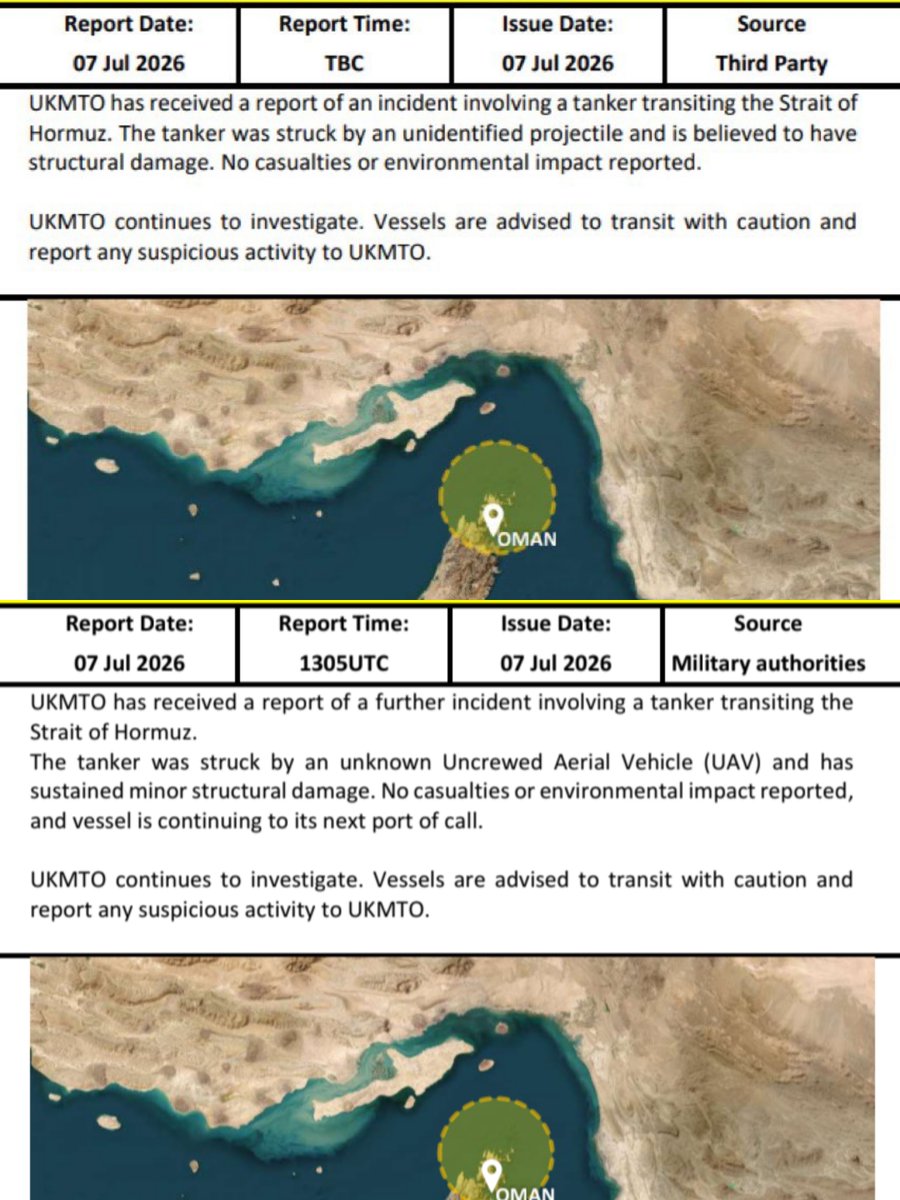 HormuzReport's tweet photo. BREAKING: Iran's IRGC has struck two additional tankers in the Strait of Hormuz on Tuesday, per UKMTO warnings 081-26 and 082-26.

The attacks come despite U.S. air cover — three KC-135 Stratotankers, two KC-46 Pegasus tankers, and multiple fighter jets probably were present at the same time with their transponders off.

UKMTO 081-26: Tanker struck by projectile, structural damage. No casualties.

UKMTO 082-26: Tanker hit by UAV, minor structural damage. No casualties.

Two Liberia-flagged ships are showing unusual activity in the area — possibly the vessels involved in today's attacks but not confirmed yet.

These are the third and fourth incidents today.