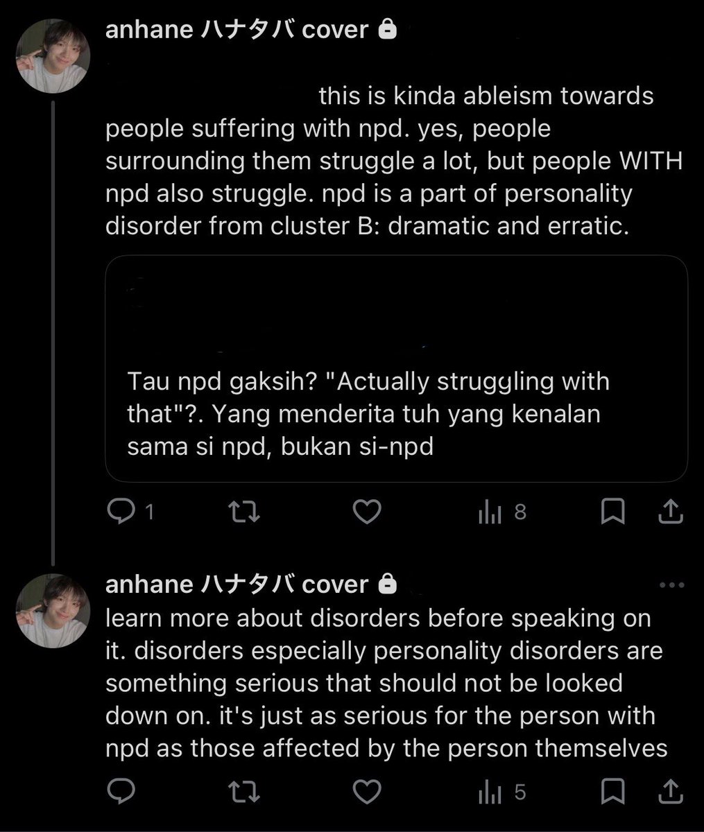 mongsanjaktim's tweet photo. indonesians are so ableist i don't understand. maaf ya aku membawa topik sensitif, but i hate how indonesians look down on some specific personality disorders. tadi ada lewat di tl tentang orang yang bilang "npd yg suffer tuh orang di sekitarnya, bukan pengidapnya." excuse me? https://t.co/j9CfcSUun0