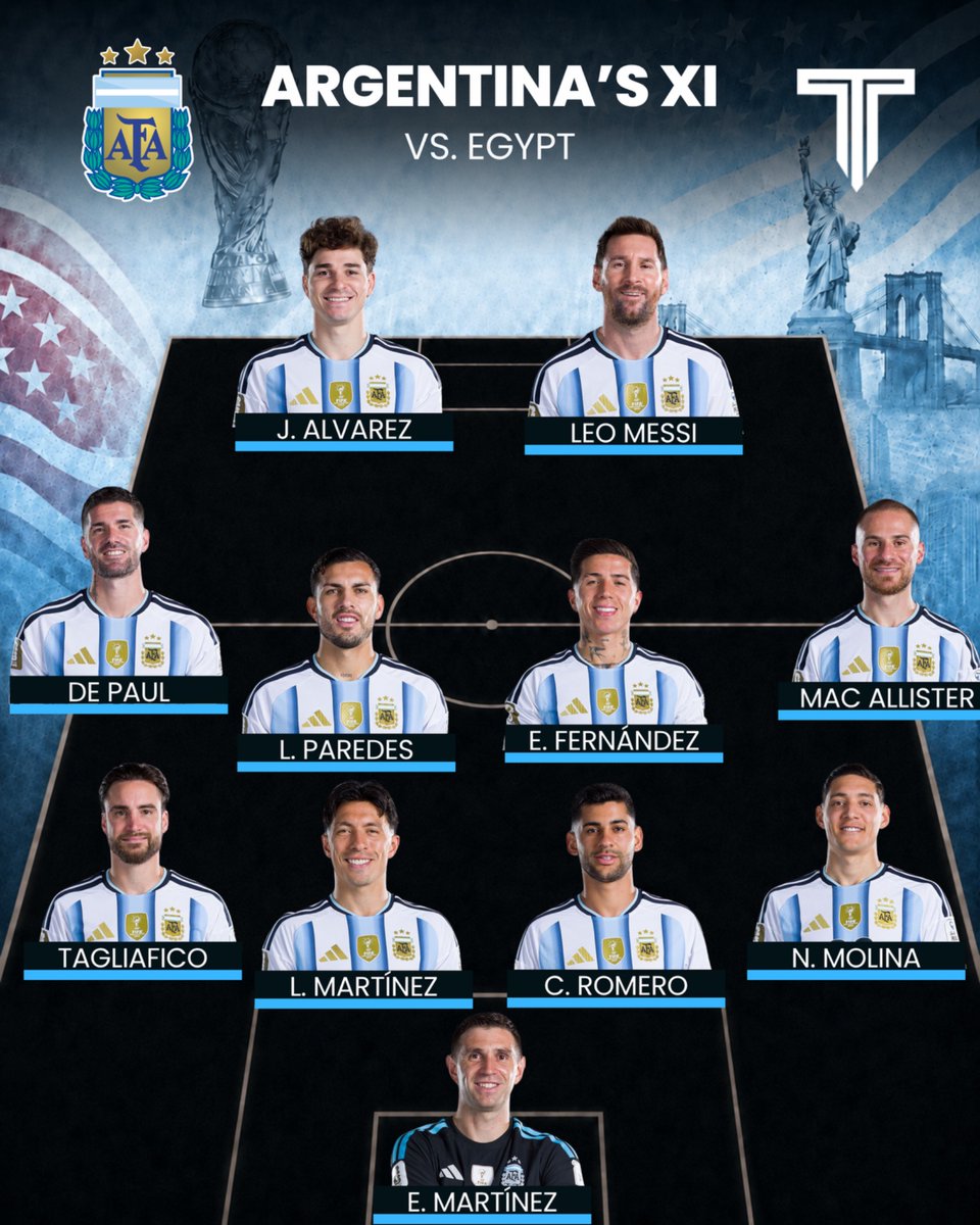TouchlineX's tweet photo. 🚨 𝗢𝗙𝗙𝗜𝗖𝗜𝗔𝗟: Argentina XI in the World Cup Round of 16 vs. Egypt! 🇦🇷💫 https://t.co/aIxxYy8eCa