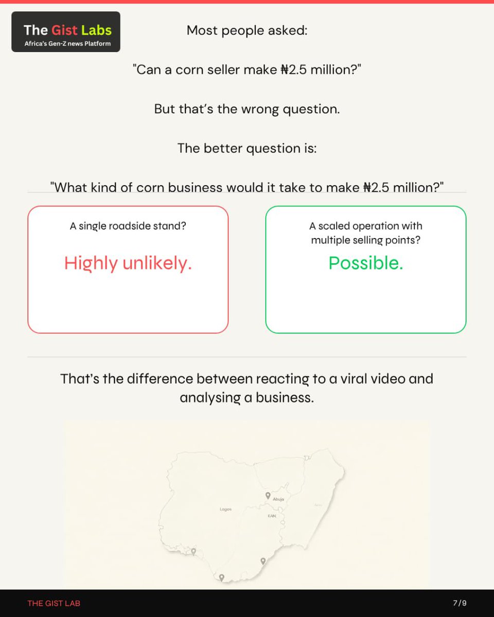 TheGistLabs's tweet photo. Using our Authenticity Filter, we broke down the business economics behind the 2.5M/month corn claim from revenue vs. profit to daily sales targets and what it actually takes to hit that.
This isn't about proving  right or wrong. It's about swapping assumptions for clear analysis https://t.co/jQflYx2pcX
