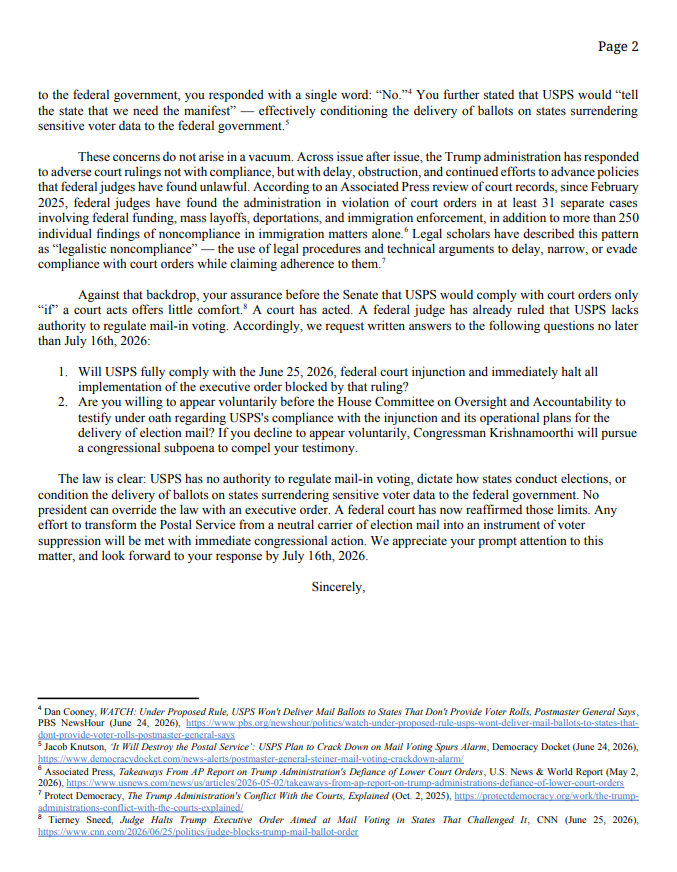CongressmanRaja's tweet photo. The courts blocked President Trump's illegal mail voting restrictions. Now it's time for the Postal Service to make clear it will follow the law.
Ranking Member Morelle and I demanded that commitment from Postmaster General David Steiner and called on him to testify before Congress. If he refuses, I'll pursue a subpoena.
The Postal Service should deliver ballots—not decide who gets to vote.