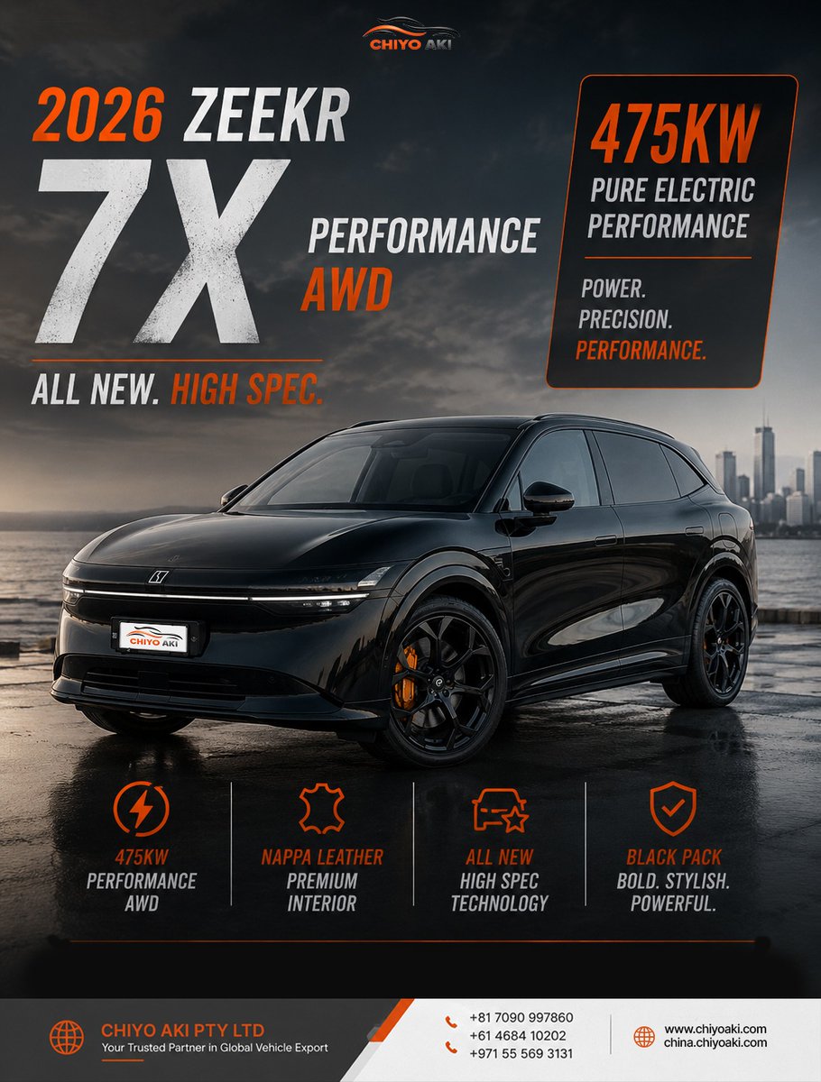 chiyoakihub's tweet photo. PURE ELECTRIC. PURE PRECISION.
2026 ZEEKR 7X PERFORMANCE AWD | ALL-NEW | HIGH SPECIFICATION
#ChiyoAki #ChiyoAkiPtyLtd #Zeekr7X #PerformanceAWD #PureElectric #LuxuryEV #ElectricSUV #PremiumMobility #CarExport #RightHandDrive https://t.co/8pPcbjbYxQ