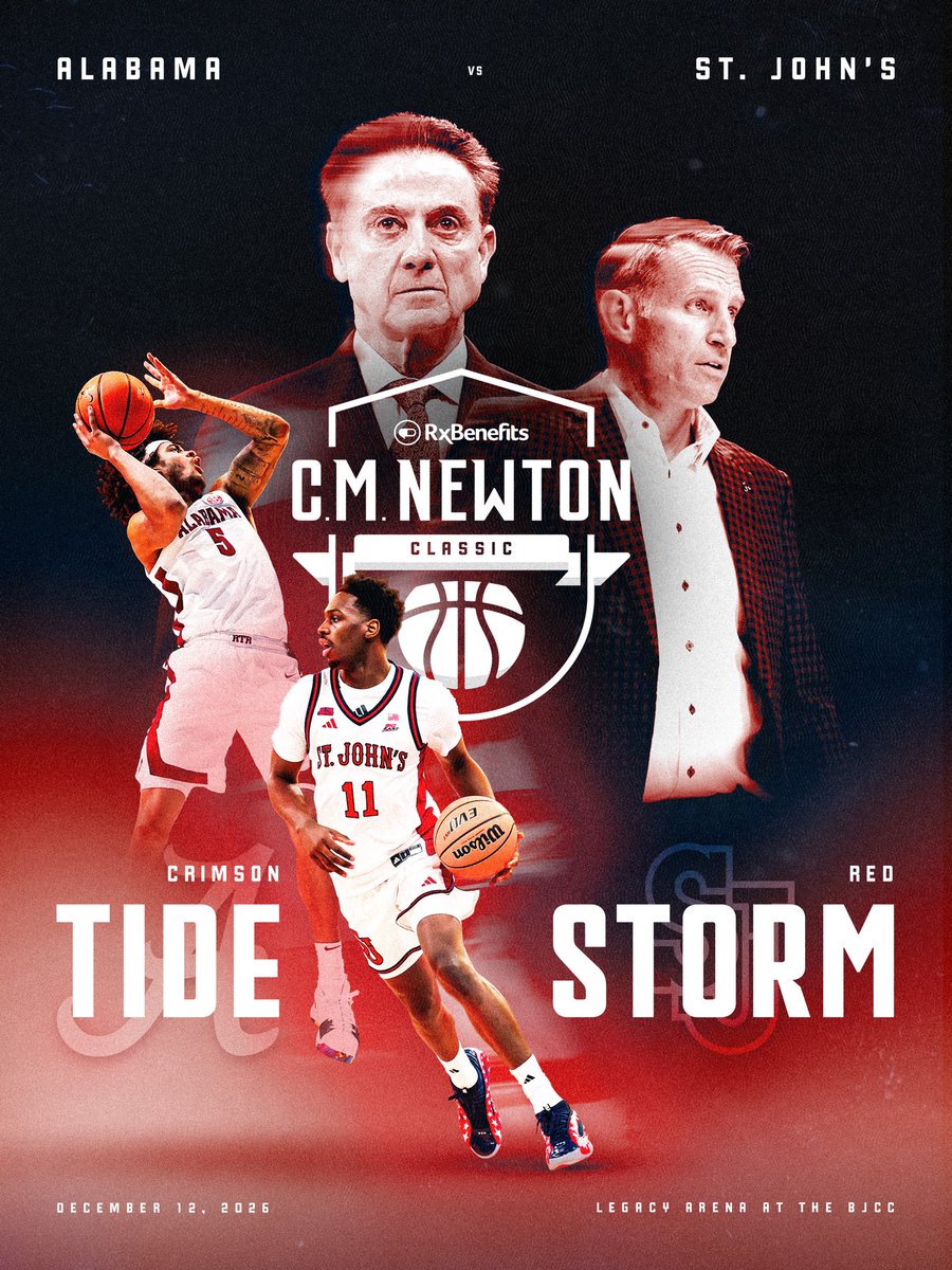 CMNewtonClassic's tweet photo. The matchup is set for the 2026 RxBenefits C.M. Newton Classic.

📆 | December 12, 2026
🏀 | @AlabamaMBB vs. @StJohnsBBall 
📍 | Legacy Arena

C.M. Newton Classic | @RxBenefits https://t.co/Zvda7sFPAJ