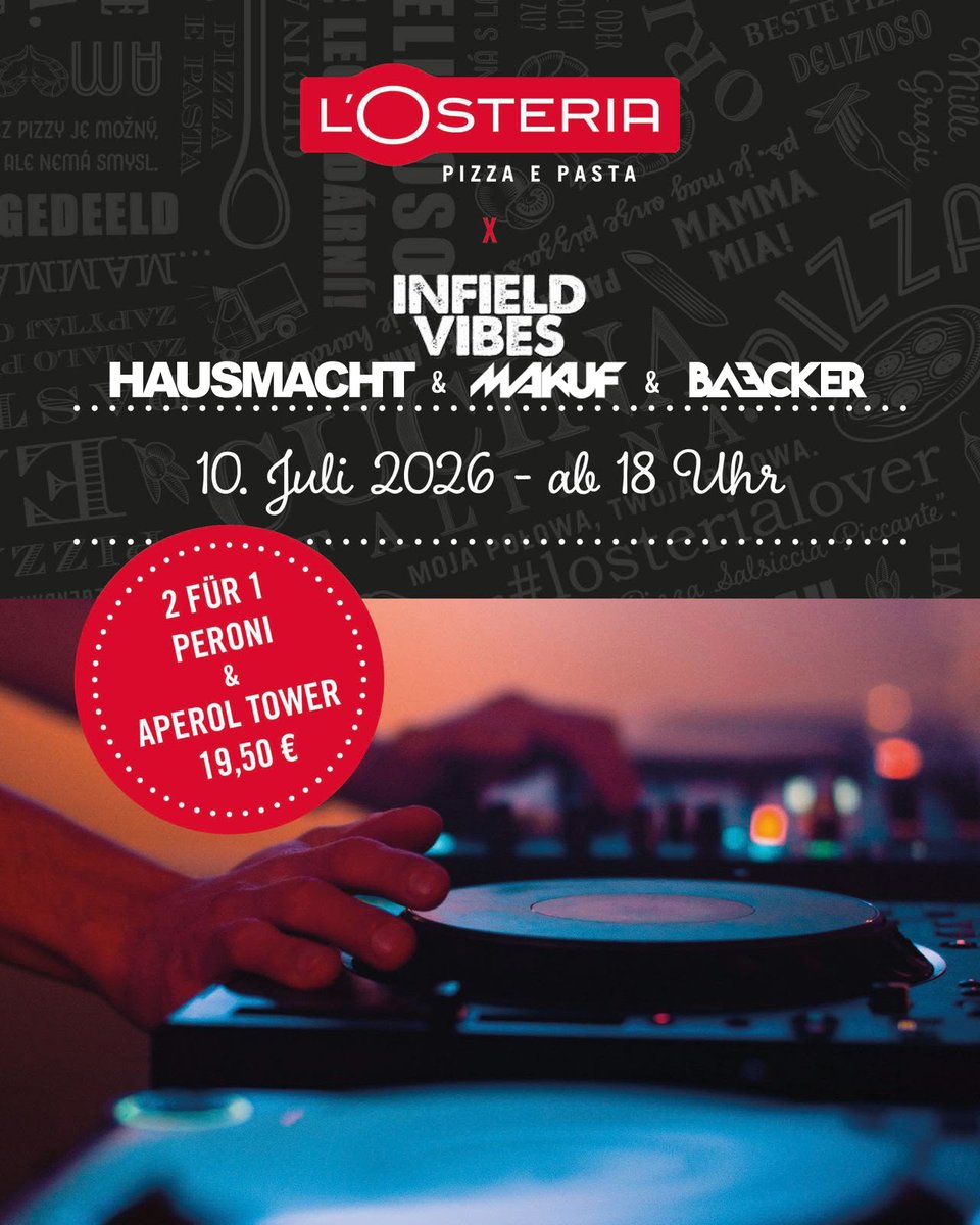 MarlSlyDogs's tweet photo. 🎧 Diesen Freitag: L’Osteria Marl x Infield Vibes!

BAECKER &amp; HAUSMACHT liefern euch schon vorab die Vibes für den 29.08. 🔥

🎟️ Tickets für Infield Vibes  vor Ort und online. Nicht zu lange warten: Die Prime Phase endet am 31.07.

#InfieldVibes #LOsteriaMarl #Marl https://t.co/NyZCLDCjP2