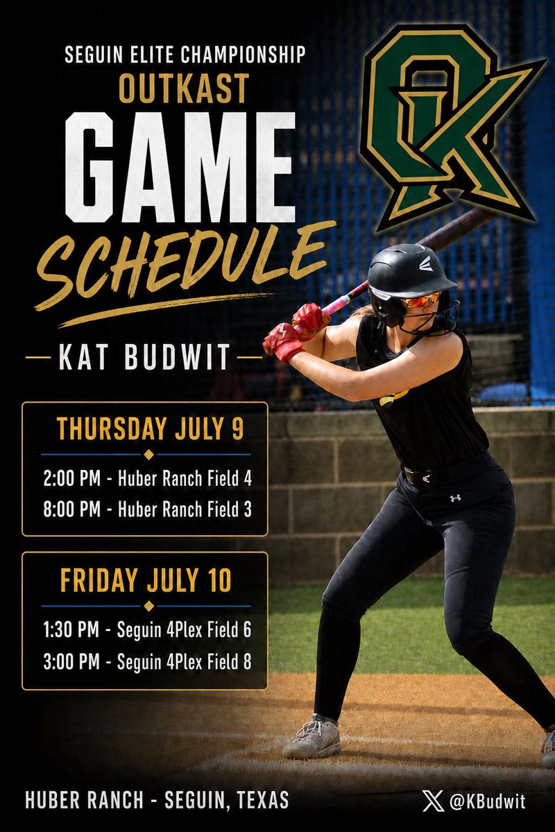KBudwit's tweet photo. Seguin Elite Championship weekend is HERE.  
OutKast and I are locked in and ready to compete at Huber Ranch and Seguin 4Plex.  
Big swings. Big energy. No shortcuts. Let’s gooo. 🔥🥎  
#OutKast #SeguinElite #Softball #Recruiting https://t.co/gv2EH8fZof