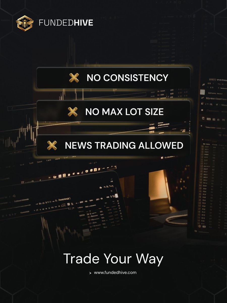 FundedHive's tweet photo. Trade without unnecessary restrictions ⚡

At FundedHive, traders get more flexibility with no consistency rule, no max lot size, and news trading allowed 📈

The focus is simple: giving traders the freedom to manage their strategy their own way.

Be part of the community and connect with other traders inside our Discord 🐝
https://t.co/BjW3ShVydD