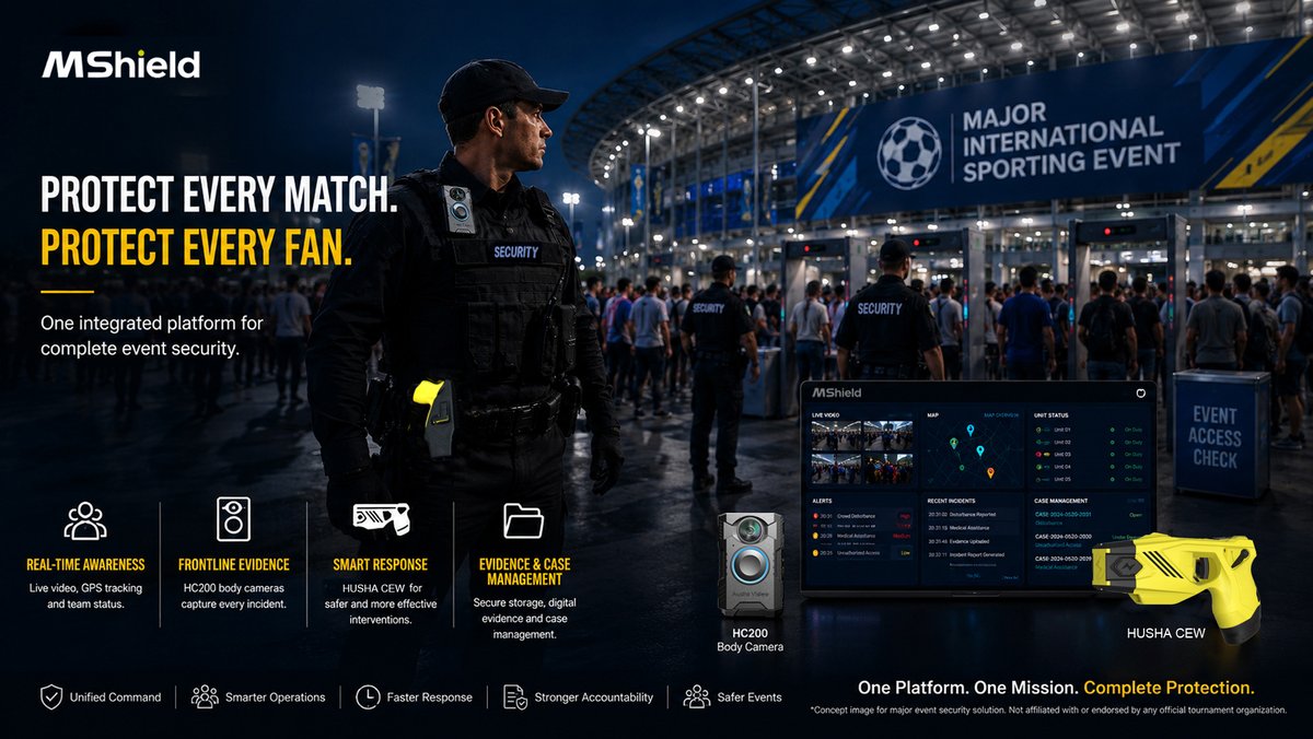 chdk2012's tweet photo. Protect Every Match. Protect Every Fan.
MShield Evidence Management Platform+ HC200 Body Camera + HUSHA CEW
One integrated solution for event security—delivering real-time awareness, frontline evidence, smart response, and seamless evidence &amp; case management.
#EventSecurity https://t.co/H07htA9wF9