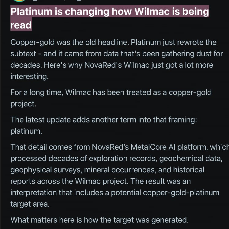 sugarspiceNOLA's tweet photo. Listen up infrastructure bulls, this is why $NREDF hits different for me
Everyone talks about AI needing chips, power and copper
NovaRed is taking that one step deeper: using AI to help find the metals the AI economy needs
MetalCore now has 4.1M+ records across Canadian and US mineral properties
That scale matters because mineral systems are patterns
Geochemistry, magnetic anomalies, deposits, old wells, geothermal records, claims, satellite scenes and past reports all tell pieces of the story
At Wilmac, MetalCore connected 10 occurrences, 19 reports, 38 samples and aeromagnetics. It helped push the story from copper-gold into copper-gold-platinum
That is the reason I’m positioned in NovaRed Mining Inc
Wilmac is the ground. MetalCore is the brain
Copper demand is the macro
NFA