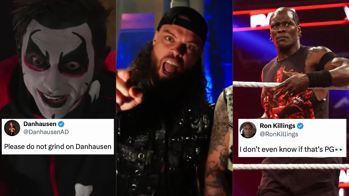 WrestleTalk_TV's tweet photo. Danhausen and R-Truth react to JD McDonagh saying he's going to "grind" on Danhausen at WWE Saturday Night's Main Event 🤣🤣

"Please do not grind on Danhausen"

"I don't even know if that's PG"