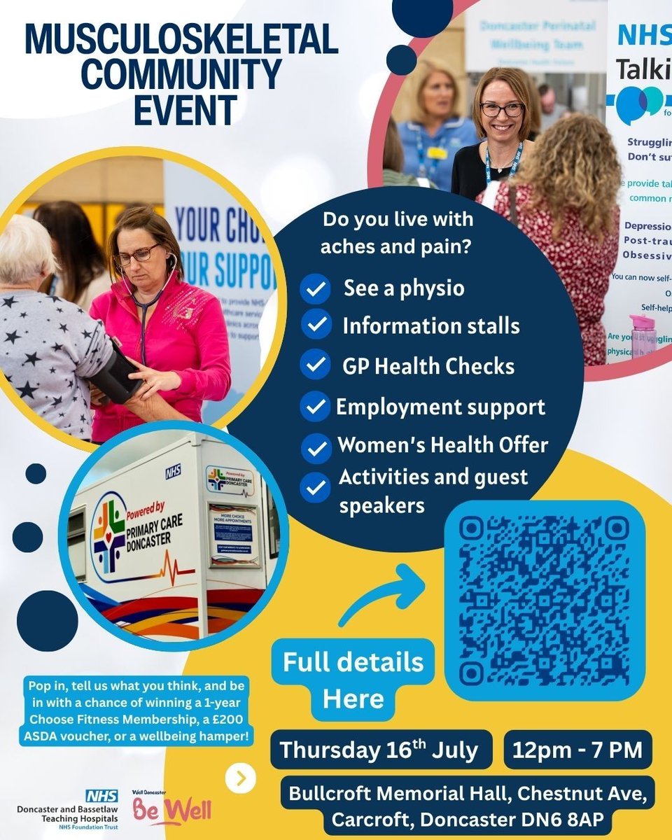 GreatNorthMG's tweet photo. Do you live with aches and pains?

Join the Musculoskeletal Community Event for expert advice, health checks and support.

📅 16 July | 🕛 12pm–7pm
📍 Bullcroft Memorial Hall, Carcroft

Scan the QR code to register.

#Doncaster #MSK #HealthAndWellbeing https://t.co/lvDiEssia4