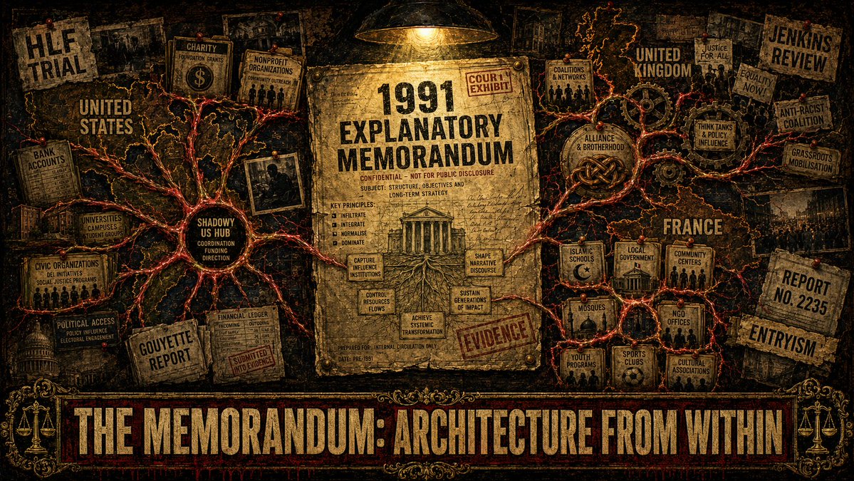 TrustedVector's tweet photo. 4/6 The Brotherhood's own 1991 memorandum, admitted at the Holy Land Foundation trial: a "civilization-jihadist process" to destroy the West "from within."
HLF: convicted on all counts, $12 million to Hamas. France's 2025 report: 139 mosques, 280 associations, 21 schools. https://t.co/sGBm4j1kdJ