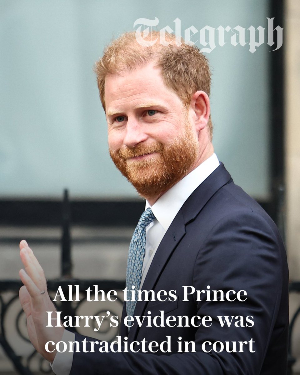 Telegraph's tweet photo. The Duke of Sussex insisted during his court case against the Daily Mail that journalists were untrustworthy, but his own evidence in the witness box repeatedly proved to be at odds with the truth.

Look at all the times Prince Harry's evidence was contradicted in court ⤵️
https://t.co/OfngoqVQPW