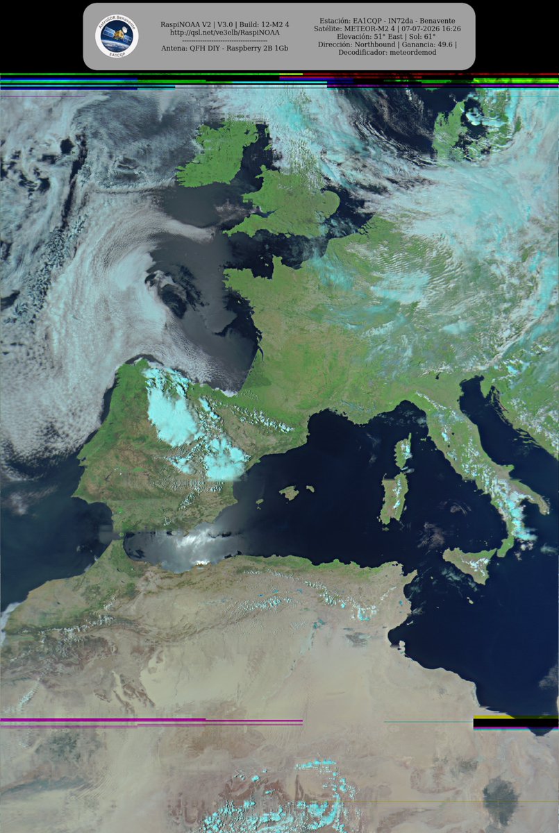 monforra's tweet photo. Ground Station: EA1CQP - IN72da - Benavente METEOR-M2 4 07-07-2026 16:03 CEST  Max Elev: 51° E Sun Elevation: 61° Gain: 49.6 | Northbound

#NOAA #MeteorM2_3 #MeteorM2_4 #weather #weathersats #APT #LRPT #wxtoimg #MeteorDemod #rtlsdr #gpredict #raspberrypi https://t.co/Ve1Bvz3A1E