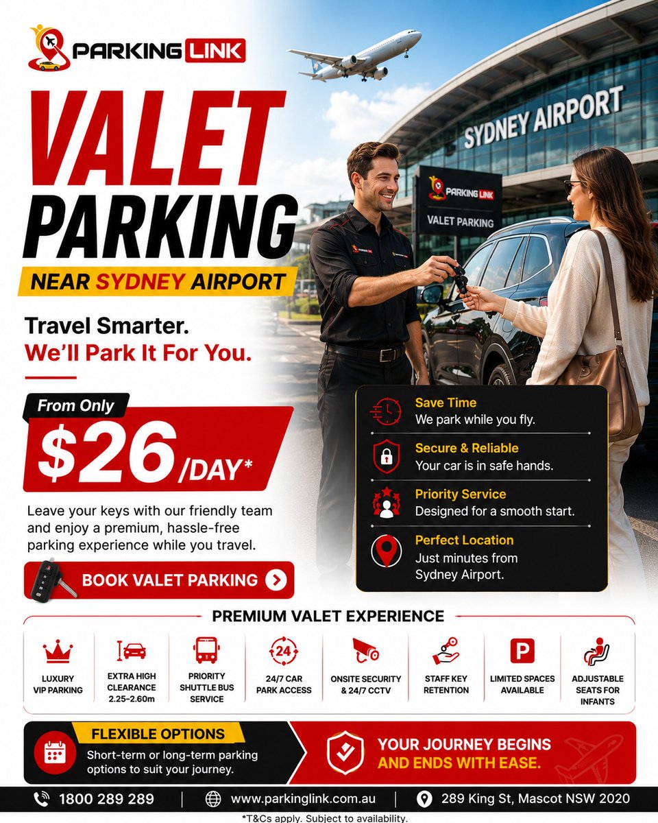 Parkinglinkau's tweet photo. ✈️ Fly smarter with Parking Link Valet Parking near Sydney Airport! 🚗

✅ From only $26/day
✅ Secure parking
✅ Priority shuttle service
✅ Minutes from the airport
📞 1800 289 289
🌐 https://t.co/1c1s3HiPiB
#SydneyAirport #ValetParking #AirportParking #ParkingLink https://t.co/OUxRu8UVfj
