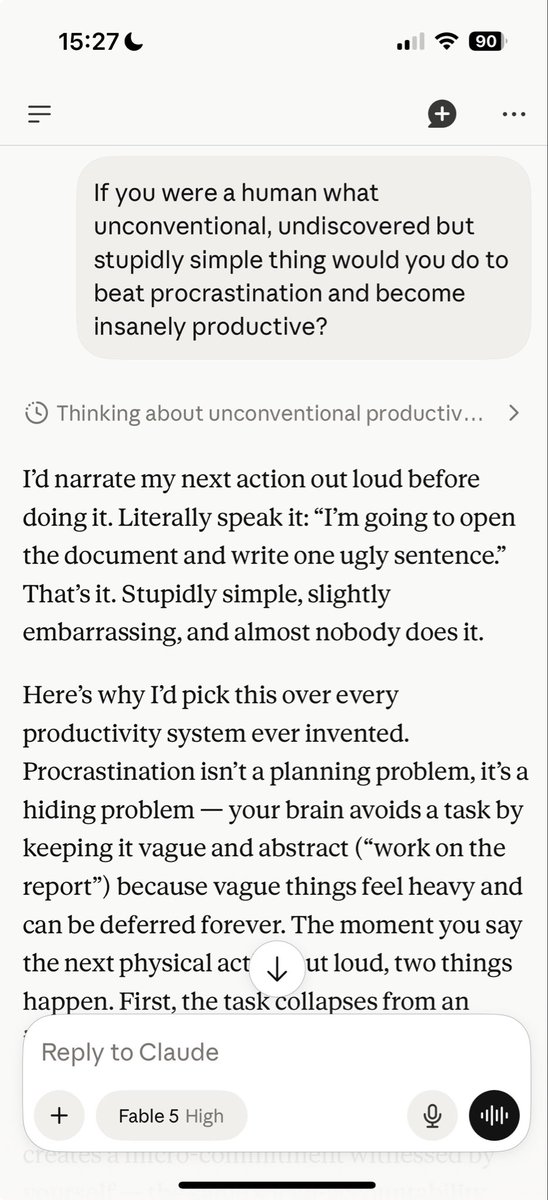 PromptLLM's tweet photo. This is how Fable 5 would beat procrastination https://t.co/Lby2DTUpa7