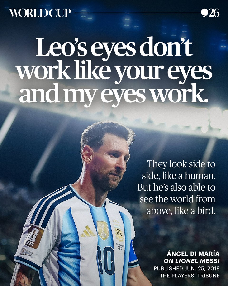 PlayersTribune's tweet photo. Lionel Messi is a magician on the field. In 2018, his former teammate Ángel Di María wrote: “The 2008 Olympics changed my whole life. Argentina called me to play for the team even though I wasn’t starting for Benfica. I will never forget that. That tournament gave me the opportunity to play with Leo Messi, the extraterrestrial, the genius. It was the most fun I’ve ever had playing football. All I had to do was run into space. I would start running, and the ball would arrive at my feet. Like magic.

Leo’s eyes don’t work like your eyes and my eyes work. They look side to side, like a human. But he’s also able to see the world from above, like a bird. I don’t understand how it’s possible.

We were able to make it all the way to the final against Nigeria, and it was probably the most incredible day of my life. To score the goal to win the gold medal for Argentina … you can’t even imagine that feeling.” https://t.co/tTFEJqeJhO