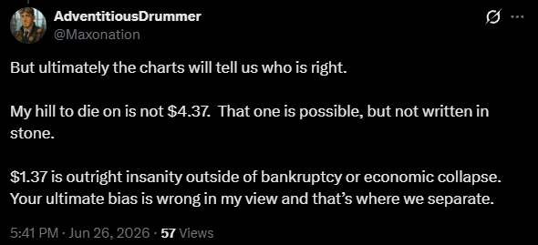 Maxonation's tweet photo. @Dolphins19845 Doing fine!   My stance was that $4.37 could certainly be the next primary lower liquidity draw IF PA proved to continue to be weak which it has.  But I firmly stand by my comments below. https://t.co/X9M0d3I0WQ