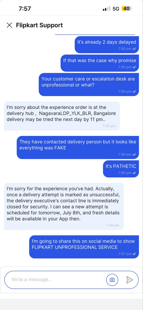 PashyantS's tweet photo. @Flipkart unprofessional team of folks, escalated but agent fake conversation with delivery agent, already delayed 2 days and now no definite status @BandBajaateRaho https://t.co/6KhIPmsGl4