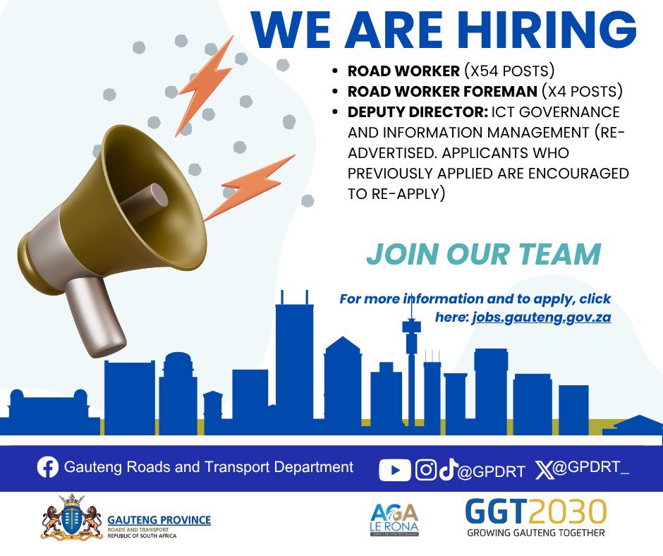 GPDRT_'s tweet photo. We are hiring. Join our team. 
Link: https://t.co/cZ4BU7cxYr

#GrowingGautengTogether #TacklingG13 https://t.co/r7xCZETlnJ