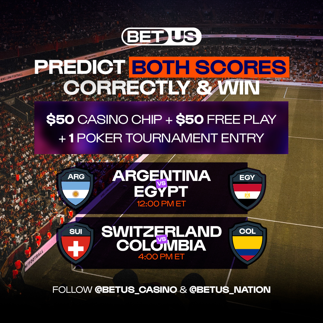 BetUS_Casino's tweet photo. GIVEAWAY | Predict BOTH scores correctly &amp;  WIN 🚨

💰 $50 Casino Chip
🎰 $50 Free Play
♠️ 1 Poker Tournament Entry

Argentina vs Egypt | Switzerland vs Colombia 🤔

Must follow @BetUS_Casino @BetUS_Nation, like &amp; RT to ENTER! ✅ https://t.co/FpLJlZRtqk