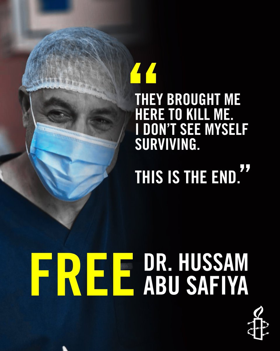 AmnestyIreland's tweet photo. 🚨We are alarmed by the reports that there is an imminent threat to Dr. Abu Safiya’s life as a result of torture and other ill treatment he has been suffering while in Israeli custody. Israeli authorities must immediately and unconditionally release him.

#FreeDrHussamAbuSafiya https://t.co/tIXK0zwxqj