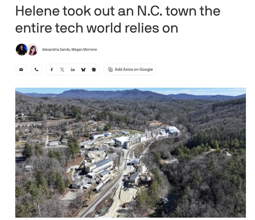 BullMooseProj's tweet photo. In September 2024 Hurricane Helene tore through western North Carolina and shut both mines down.

For two weeks, the world got a clear look at what a single point of failure means. Production came back. But Washington DC remained ignorant about the vulnerable supply chain. https://t.co/CyGoryRpri